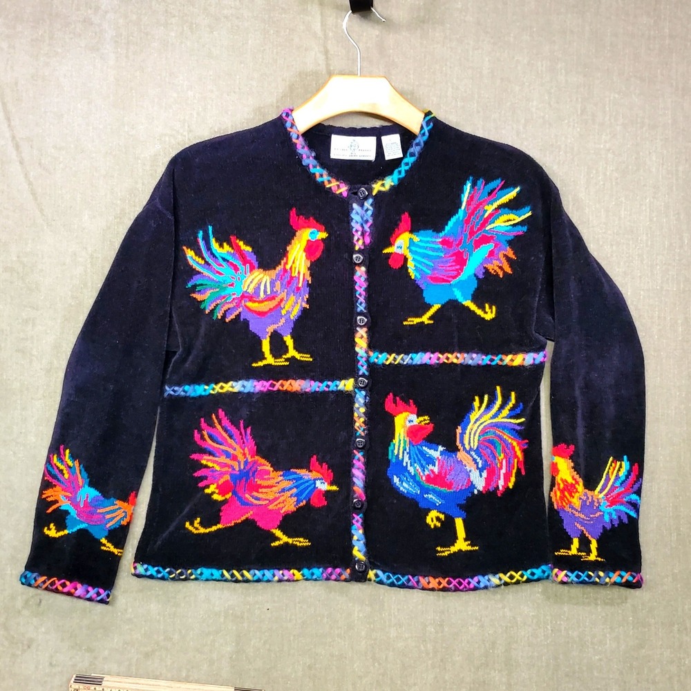 Design Options Philip & Jane Gordon Rooster Cardigan Sweater Black Large Vintage